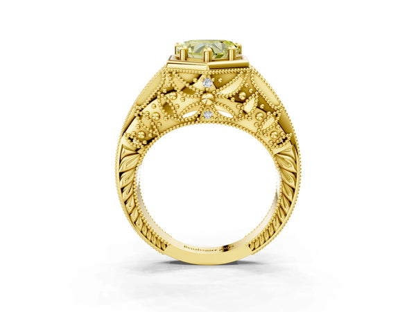 Yellow gold Hexagon Bezel Fancy Yellow Heart Cut Diamond Milgrain Split Shank Ring