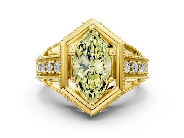 Yellow gold Hexagon Bezel Fancy Yellow Marquise Cut Diamond Milgrain Split Shank Ring