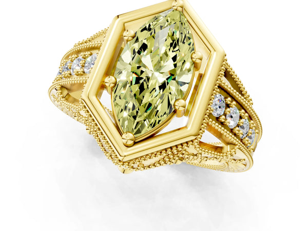 Yellow gold Hexagon Bezel Fancy Yellow Marquise Cut Diamond Milgrain Split Shank Ring