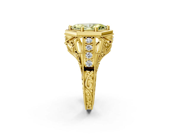 Yellow gold Hexagon Bezel Fancy Yellow Marquise Cut Diamond Milgrain Split Shank Ring