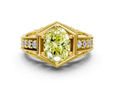 Yellow gold Hexagon Bezel Fancy Yellow Oval Cut Diamond Milgrain Split Shank Ring