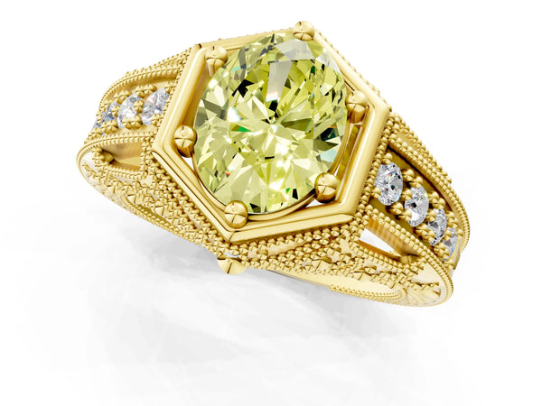 Yellow gold Hexagon Bezel Fancy Yellow Oval Cut Diamond Milgrain Split Shank Ring