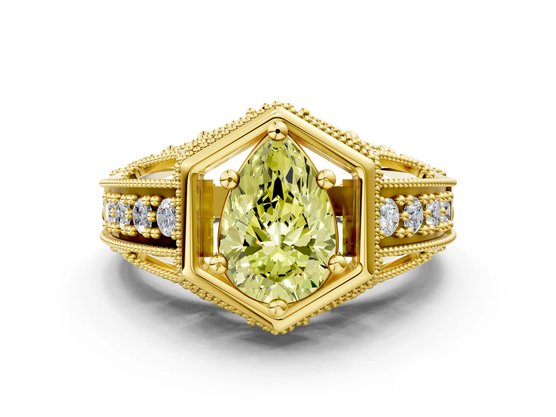 Yellow gold Hexagon Bezel Fancy Yellow Pear Cut Diamond Milgrain Split Shank Ring