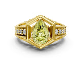 Yellow gold Hexagon Bezel Fancy Yellow Pear Cut Diamond Milgrain Split Shank Ring