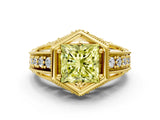 Yellow gold Hexagon Bezel Fancy Yellow Princess Cut Diamond Milgrain Split Shank Ring