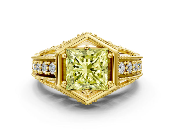 Yellow gold Hexagon Bezel Fancy Yellow Princess Cut Diamond Milgrain Split Shank Ring