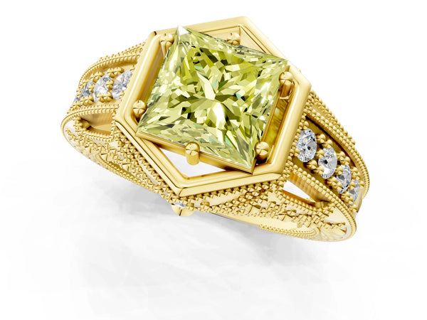 Yellow gold Hexagon Bezel Fancy Yellow Princess Cut Diamond Milgrain Split Shank Ring