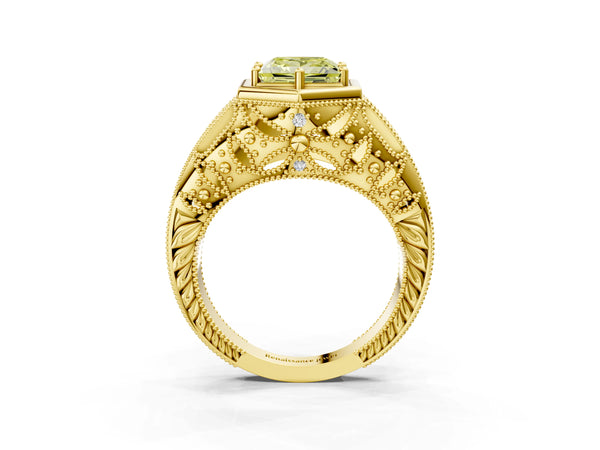 Yellow gold Hexagon Bezel Fancy Yellow Princess Cut Diamond Milgrain Split Shank Ring