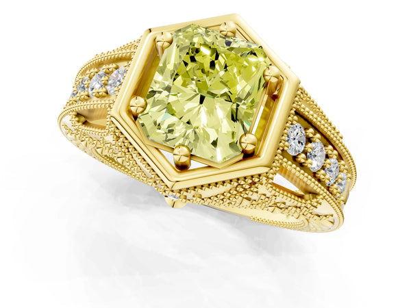 Yellow gold Hexagon Bezel Fancy Yellow Radiant Cut Diamond Milgrain Split Shank Ring