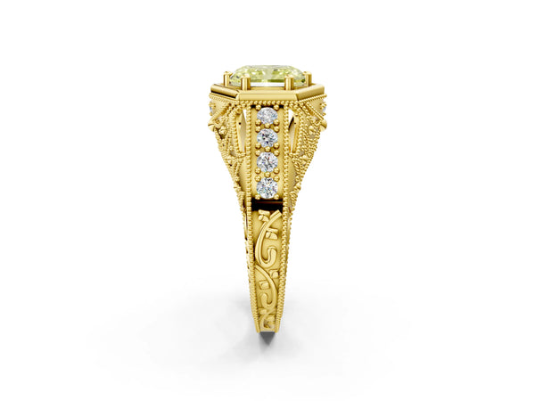 Yellow gold Hexagon Bezel Fancy Yellow Radiant Cut Diamond Milgrain Split Shank Ring