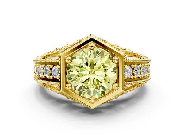 Yellow gold Hexagon Bezel Fancy Yellow Round Cut Diamond Milgrain Split Shank Ring