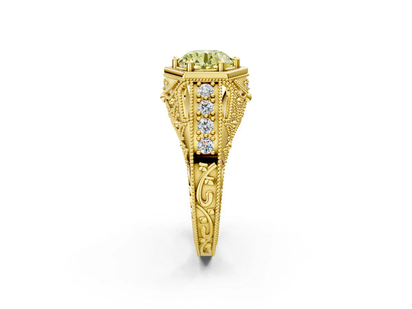 Yellow gold Hexagon Bezel Fancy Yellow Round Cut Diamond Milgrain Split Shank Ring