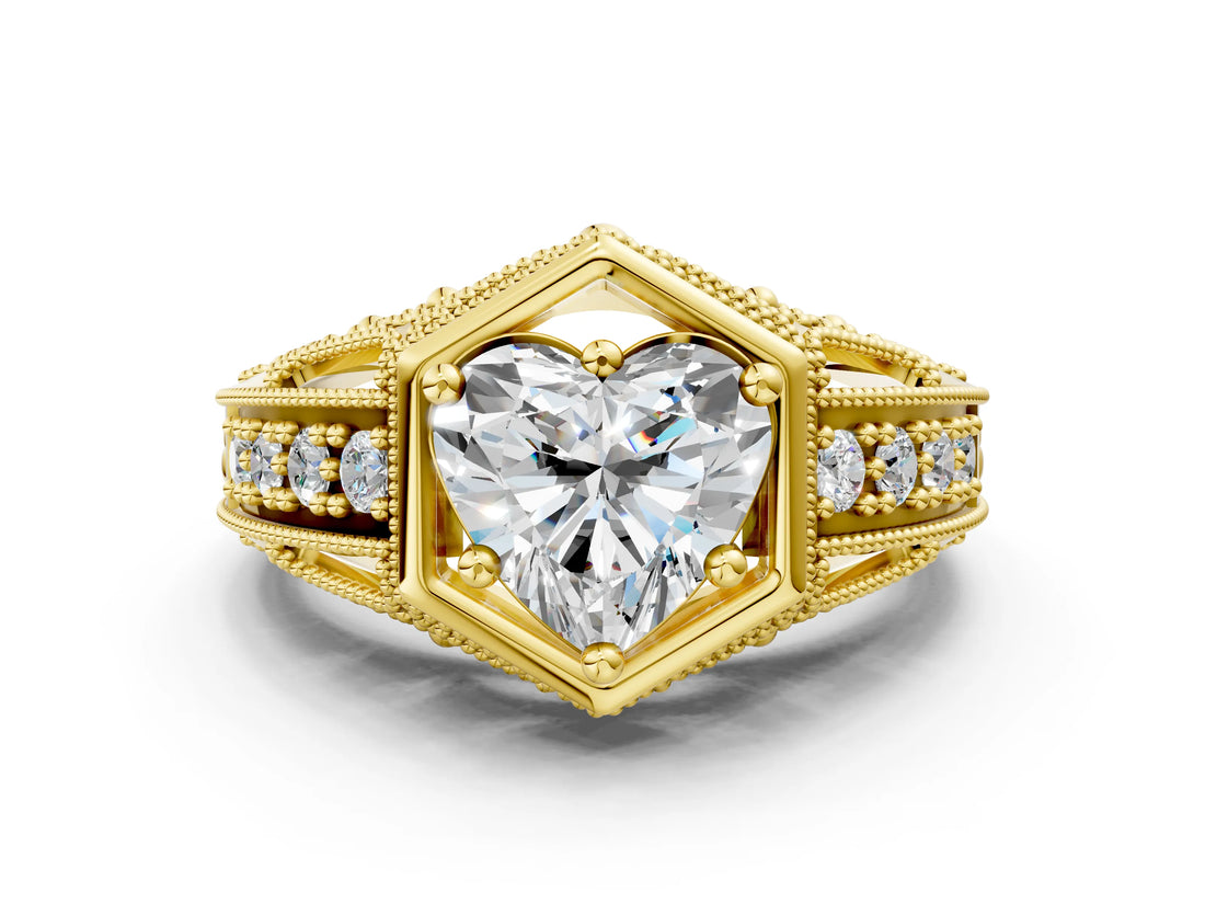 Yellow gold Hexagon Bezel Heart Cut Diamond Milgrain Split Shank Ring_3