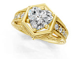 Yellow gold Hexagon Bezel Heart Cut Diamond Milgrain Split Shank Ring_4
