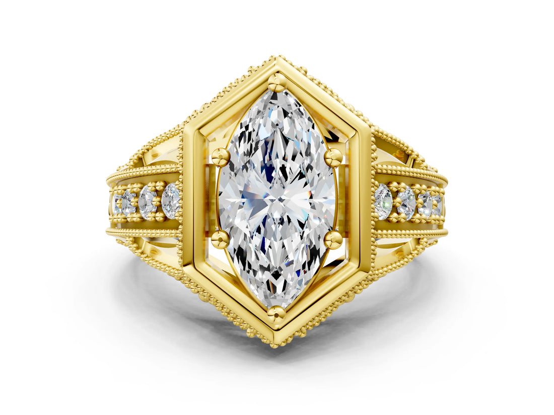 Yellow gold Hexagon Bezel Marquise Cut Diamond Milgrain Split Shank Ring_3