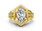 Yellow gold Hexagon Bezel Marquise Cut Diamond Milgrain Split Shank Ring_3