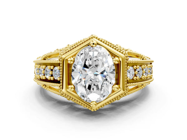 Yellow gold Hexagon Bezel Oval Cut Diamond Milgrain Split Shank Ring