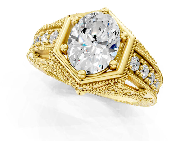 Yellow gold Hexagon Bezel Oval Cut Diamond Milgrain Split Shank Ring