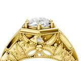Yellow gold Hexagon Bezel Oval Cut Diamond Milgrain Split Shank Ring_7