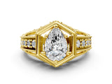Yellow gold Hexagon Bezel Pear Cut Diamond Milgrain Split Shank Ring_3