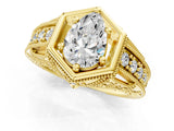 Yellow gold Hexagon Bezel Pear Cut Diamond Milgrain Split Shank Ring_4
