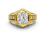 Yellow gold Hexagon Bezel Princess Cut Diamond Milgrain Split Shank Ring_3