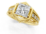 Yellow gold Hexagon Bezel Princess Cut Diamond Milgrain Split Shank Ring_4