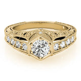 Yellow gold Hexagon Bezel Round Diamond Milgrain Split Shank Ring 1