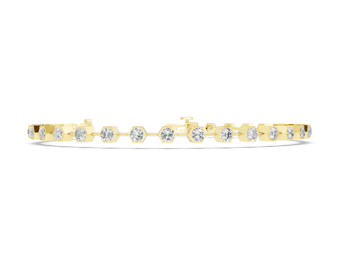 Yellow gold Hexagon Bezel Round Diamond Tennis Bracelet_2