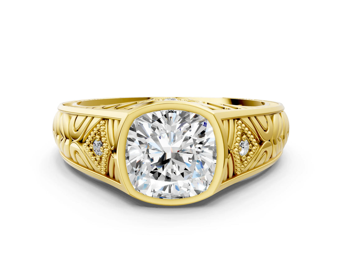Yellow gold Hexagonal Bezel Cushion Diamond Engraved Band Prong Ring_6