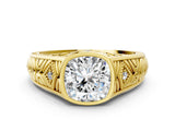 Yellow gold Hexagonal Bezel Cushion Diamond Engraved Band Prong Ring_6