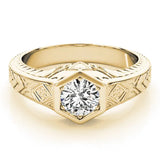 Yellow gold Hexagonal Bezel Cushion Diamond Engraved Band Ring 1