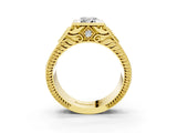 Yellow gold Hexagonal Bezel Emerald Diamond Engraved Band Prong Ring_33