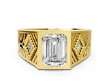 Yellow gold Hexagonal Bezel Emerald Diamond Engraved Band Prong Ring_42