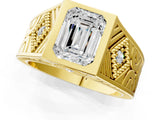 Yellow gold Hexagonal Bezel Emerald Diamond Engraved Band Prong Ring_43
