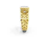 Yellow gold Hexagonal Bezel Emerald Diamond Engraved Band Prong Ring_44