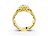 Yellow gold Hexagonal Bezel Emerald Diamond Engraved Band Prong Ring_45