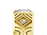 Yellow gold Hexagonal Bezel Emerald Diamond Engraved Band Prong Ring_47