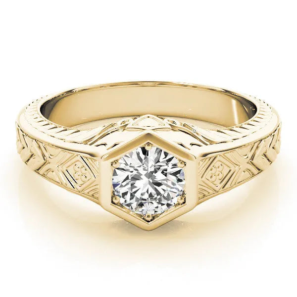 Yellow gold Hexagonal Bezel Emerald Diamond Engraved Band Ring