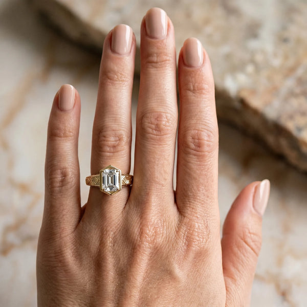 Yellow gold Hexagonal Bezel Emerald Diamond Engraved Band Ring