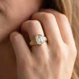Yellow gold Hexagonal Bezel Emerald Diamond Engraved Band Ring_8