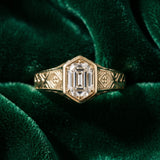 Yellow gold Hexagonal Bezel Emerald Diamond Engraved Band Ring_9