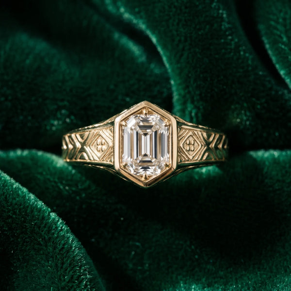 Yellow gold Hexagonal Bezel Emerald Diamond Engraved Band Ring