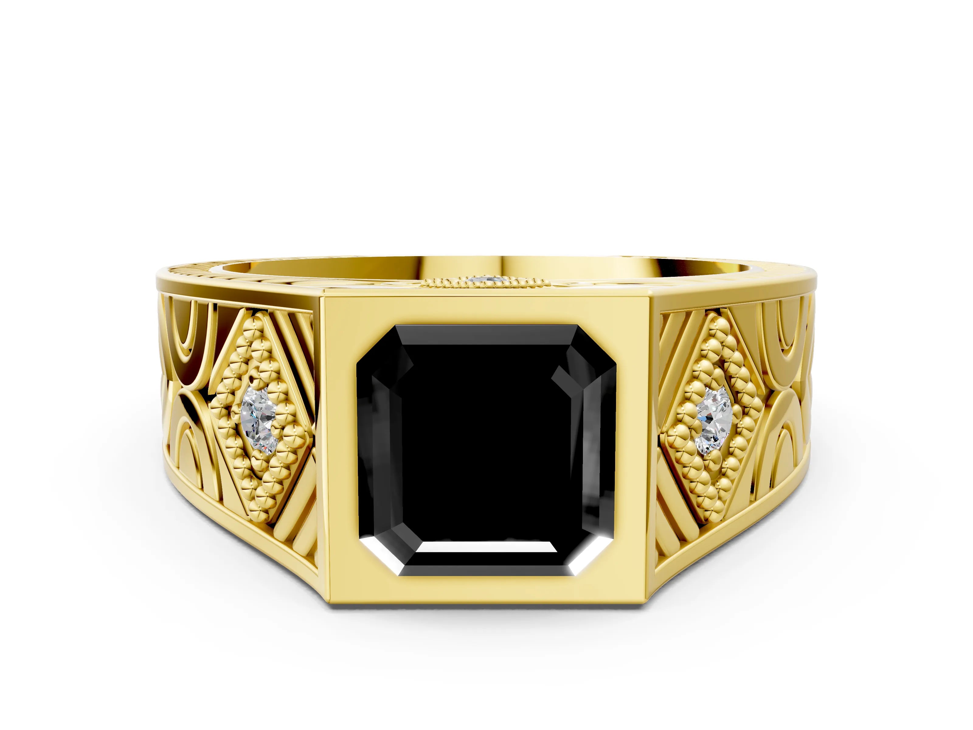 Yellow gold Hexagonal Bezel Fancy Black Asscher Cut Diamond Engraved Band Prong Ring