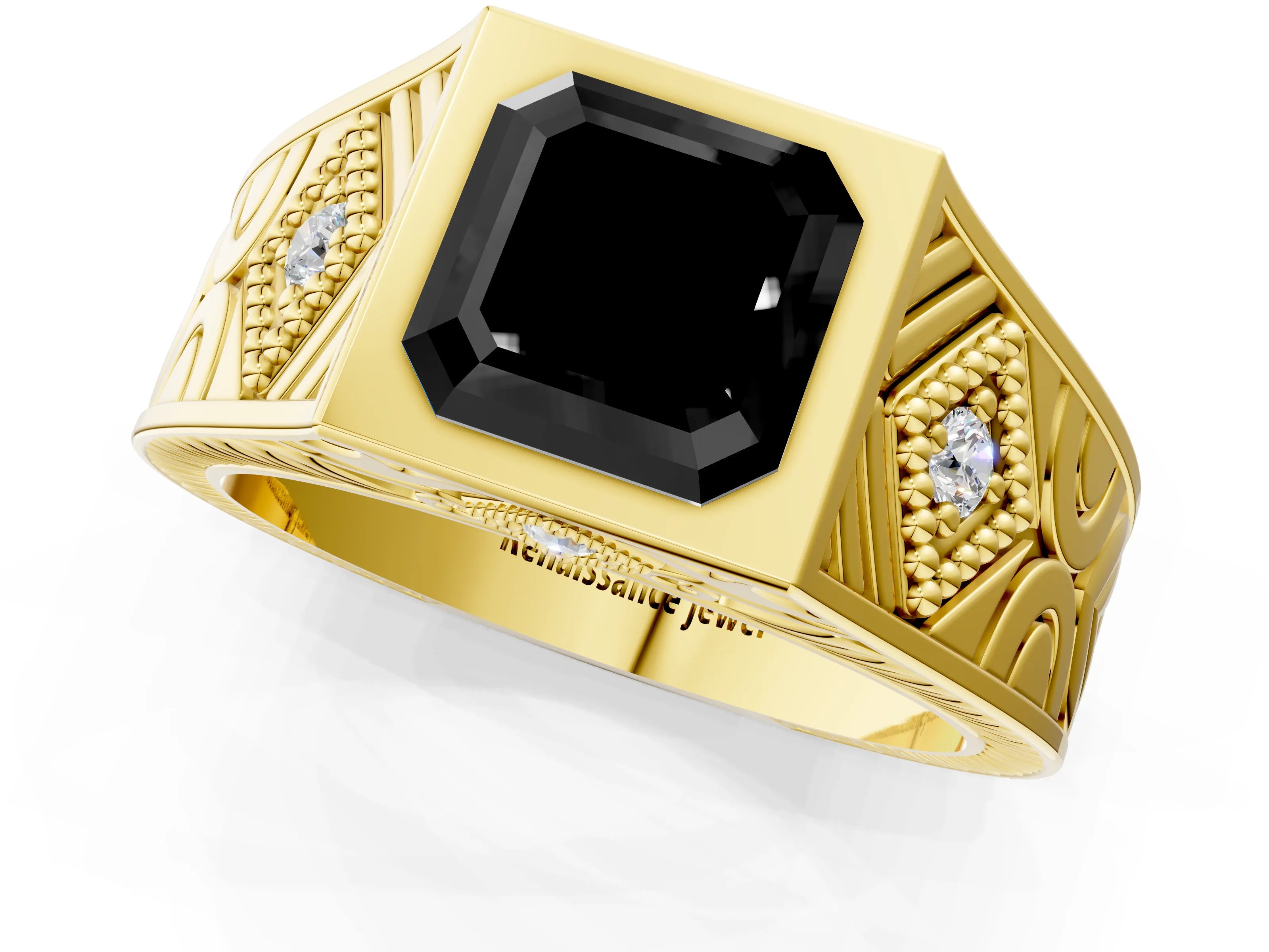 Yellow gold Hexagonal Bezel Fancy Black Asscher Cut Diamond Engraved Band Prong Ring_1