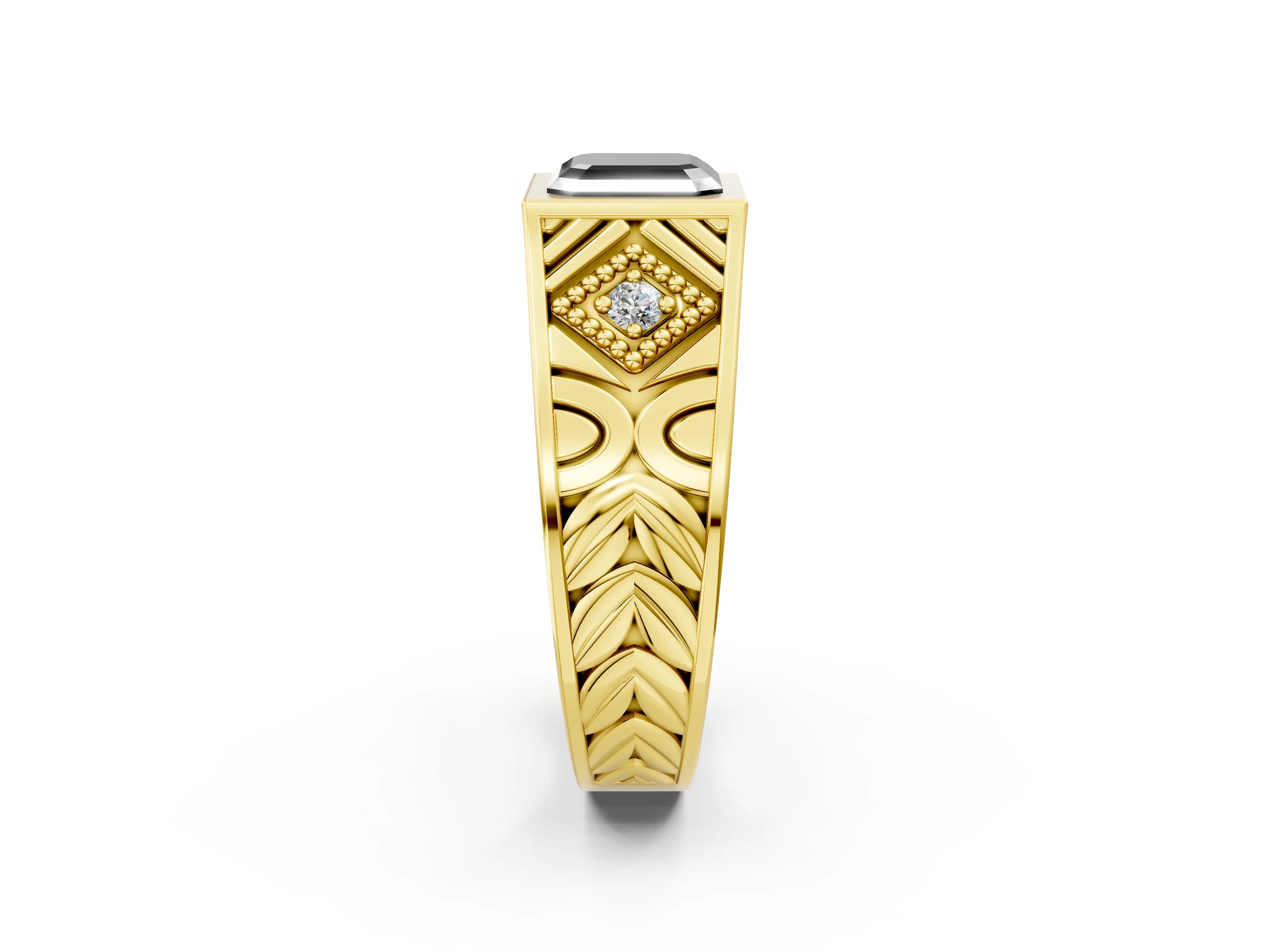 Yellow gold Hexagonal Bezel Fancy Black Asscher Cut Diamond Engraved Band Prong Ring_2