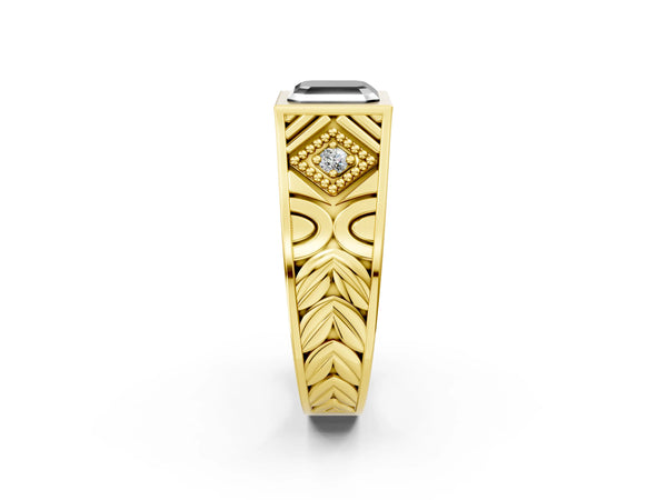 Yellow gold Hexagonal Bezel Fancy Black Asscher Cut Diamond Engraved Band Prong Ring