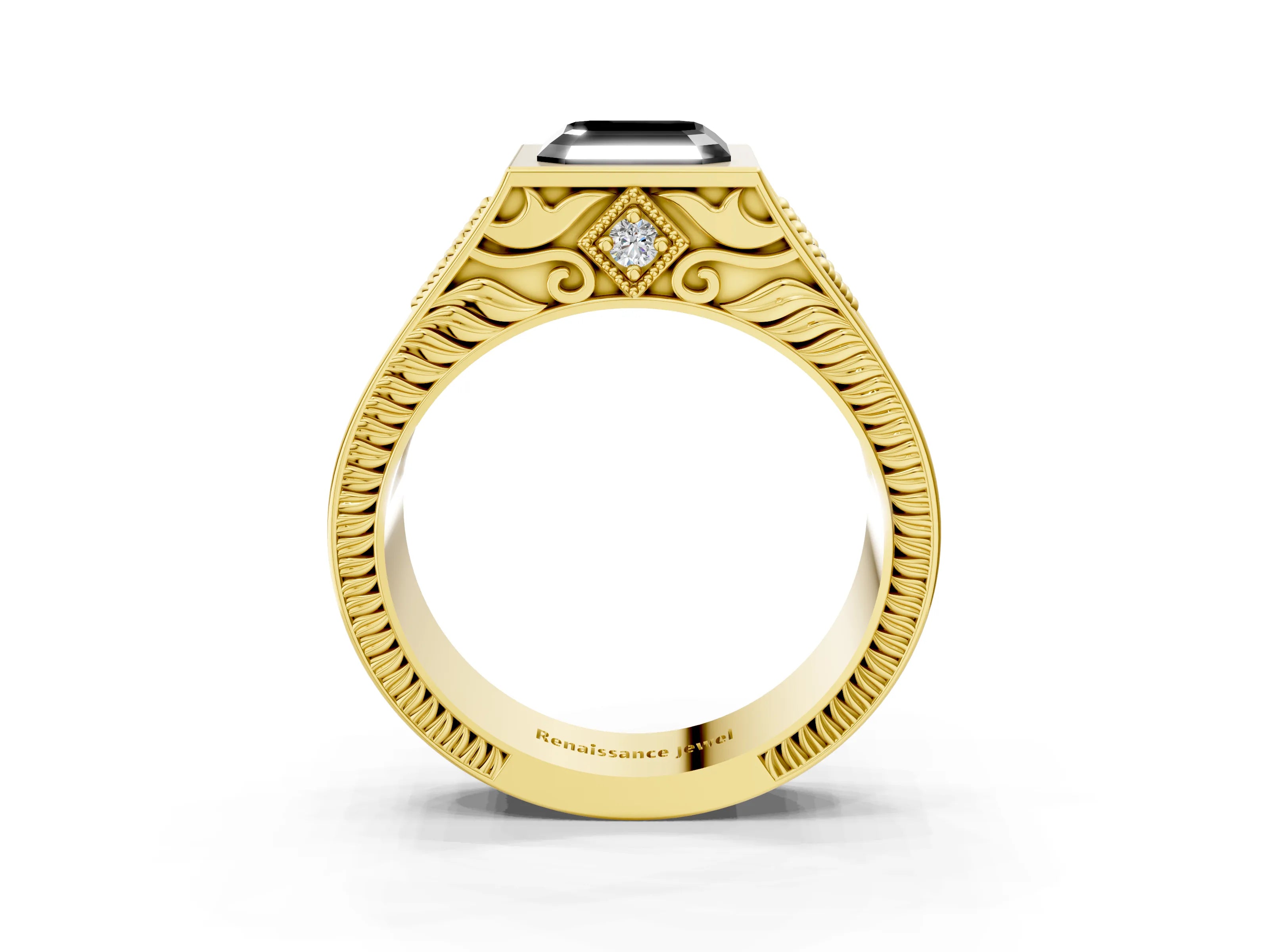Yellow gold Hexagonal Bezel Fancy Black Asscher Cut Diamond Engraved Band Prong Ring_3