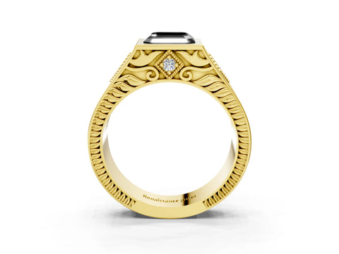 Yellow gold Hexagonal Bezel Fancy Black Asscher Cut Diamond Engraved Band Prong Ring_3
