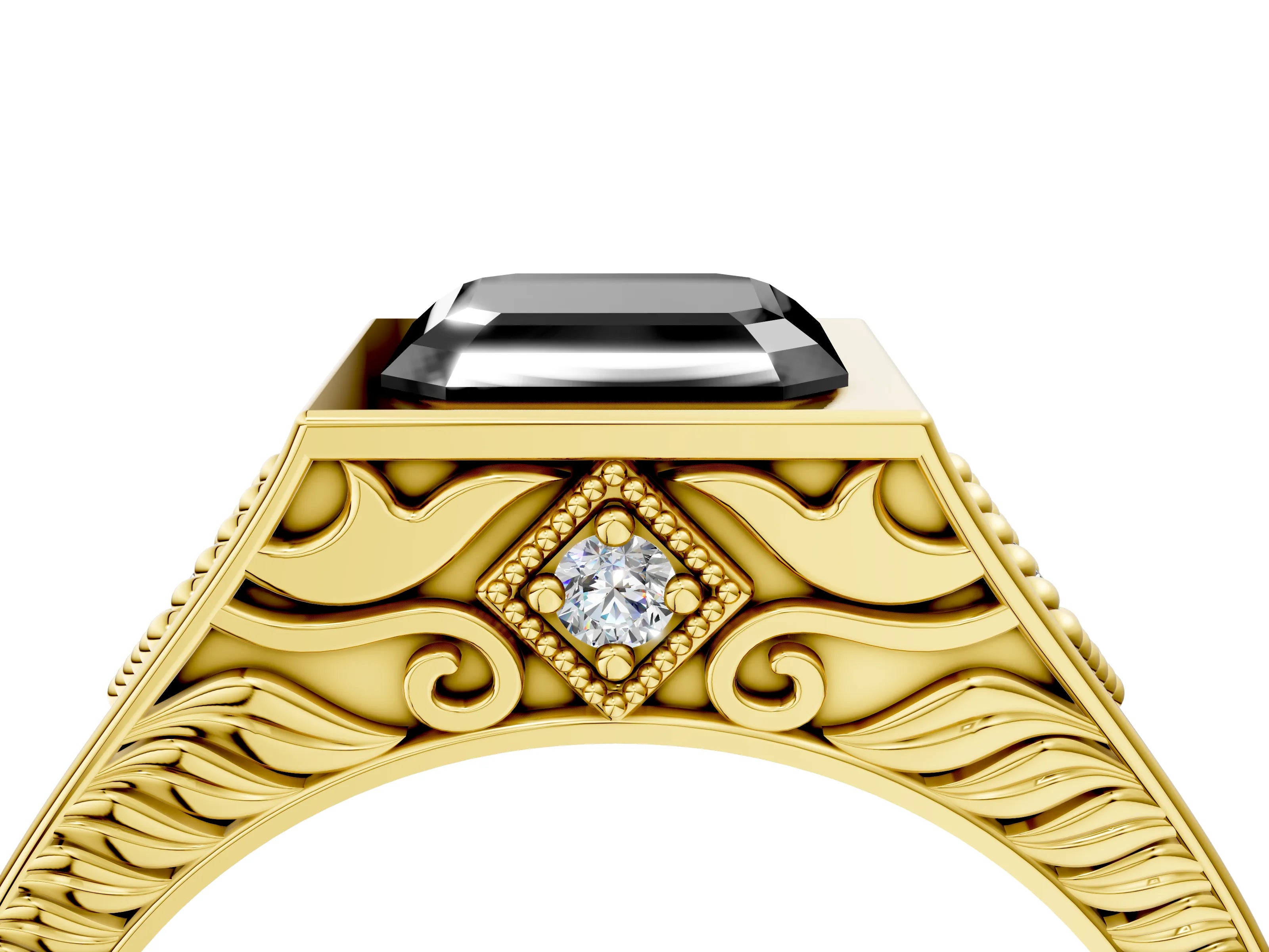 Yellow gold Hexagonal Bezel Fancy Black Asscher Cut Diamond Engraved Band Prong Ring_4